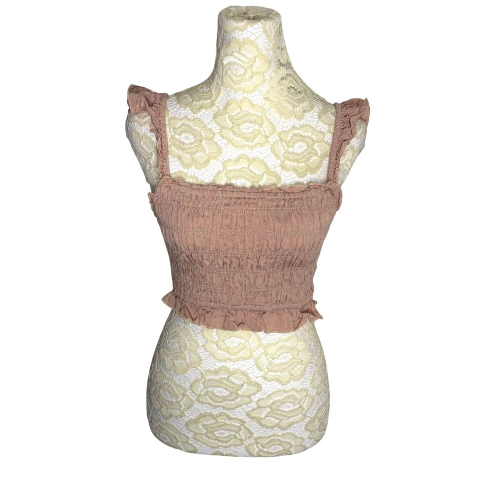 Illa Illa Smocked Crop Top Shirt Tank Square Neck Blouse Ruffle Mauve Tan S